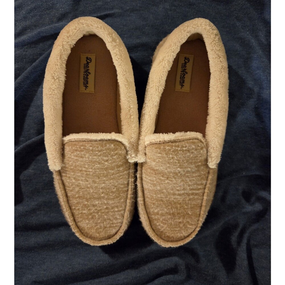 Tan Dearfoams Moccasin Style Slippers Women's M 7-8 Polyester Soft Machine Wash